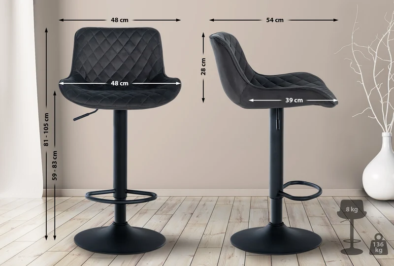Tabouret de bar x1 assise avec coutures décoratives losange en velours noir et pieds en métal noir 10_0005228