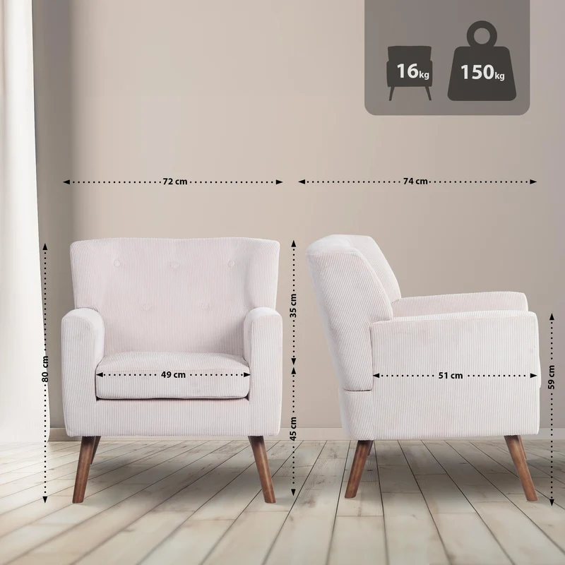 Fauteuil élégant en velours côtelé beige avec dossier à boutons capitonnés pieds en bois 10_0008248