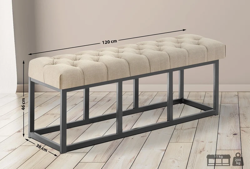 Banc capitonné rembourré 120 cm tissu taupe avec structure en métal noir design contemporain 10_0008605
