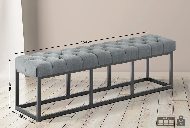 Banc capitonné rembourré 150 cm tissu gris foncé avec structure en métal noir design contemporain 10_0008613