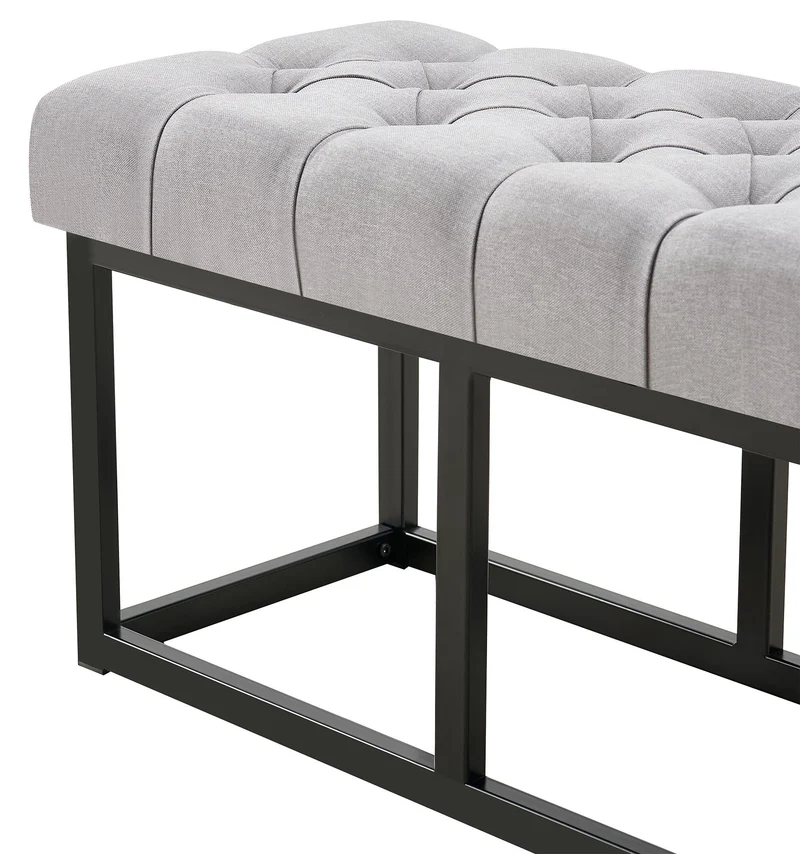 Banc capitonné rembourré 150 cm tissu gris avec structure en métal noir design contemporain 10_0008688