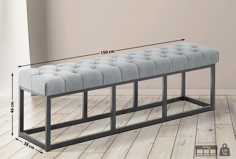 Banc capitonné rembourré 150 cm tissu gris avec structure en métal noir design contemporain 10_0008688