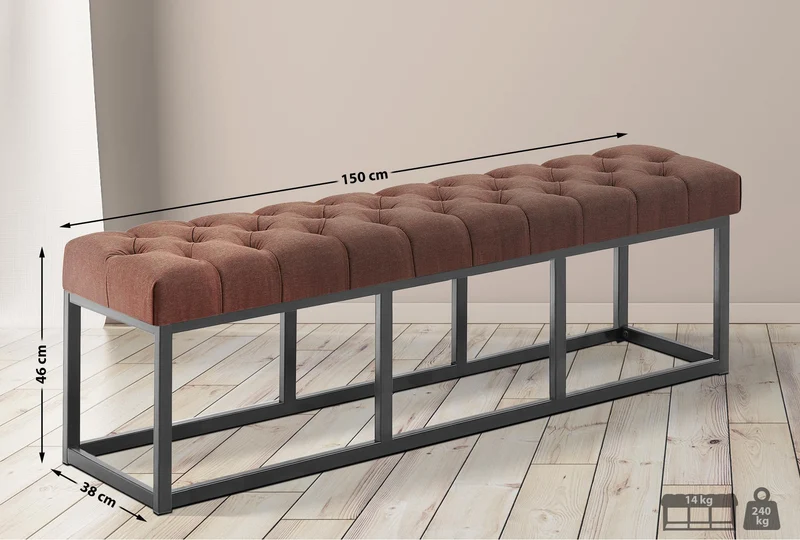 Banc capitonné rembourré 150 cm tissu marron avec structure en métal noir design contemporain 10_0008600
