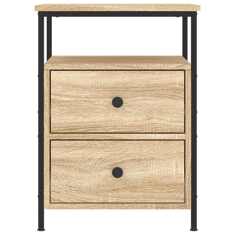 Table de chevet avec deux tiroirs et étagère 44 x 45 x 60 cm bois d'ingénierie couleur chêne et fer DEC033879