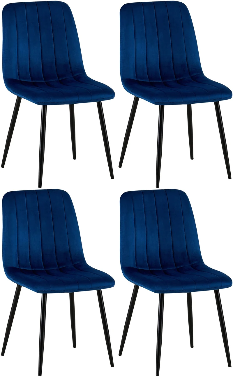 Lot de 4 chaises de salle à manger coutures décoratives verticales assise en tissu velours bleu pieds en métal noir 10_0001862