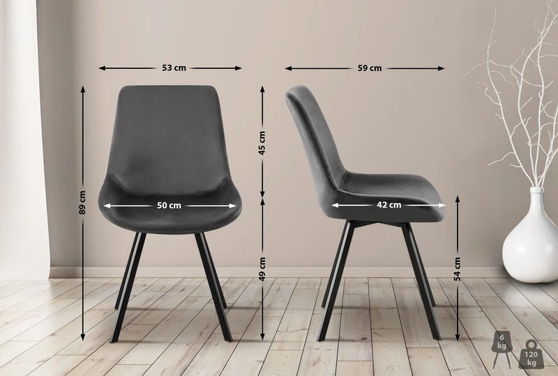 Chaise de salle à manger x1 pivotant à 360 degrés en velours gris foncé cadre en métal noir 10_0007563