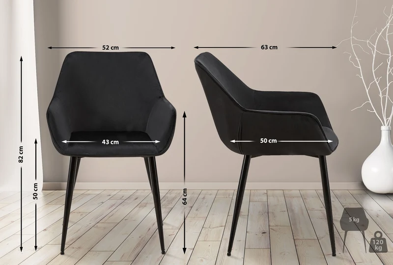 Lot de 2 chaises de salle à manger en tissu velours noir et pieds en métal noir 10_0001581