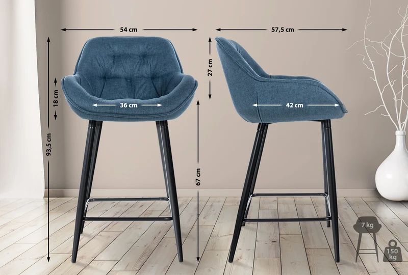 Tabouret de bar x1 moderne en velours bleu assise enveloppante capitonnée pieds métal noir 10_0005621