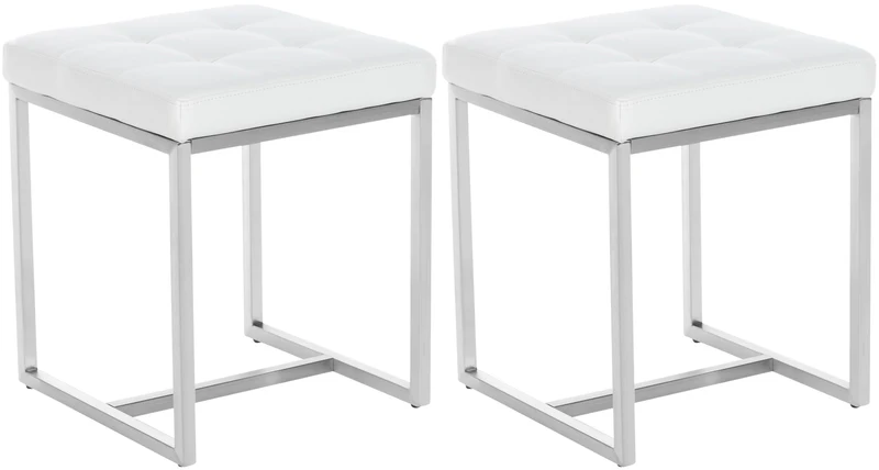Lot de 2 tabourets bas repose-pieds poufs forme carrée en PVC blanc et acier inoxydable 10_0004468