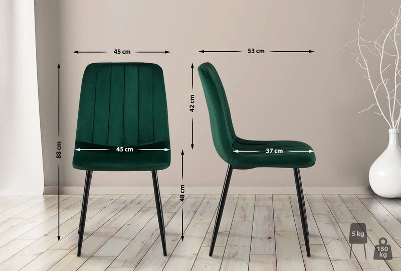 Lot de 4 chaises de salle à manger coutures décoratives verticales en tissu velours vert et pieds métal noir 10_0001864