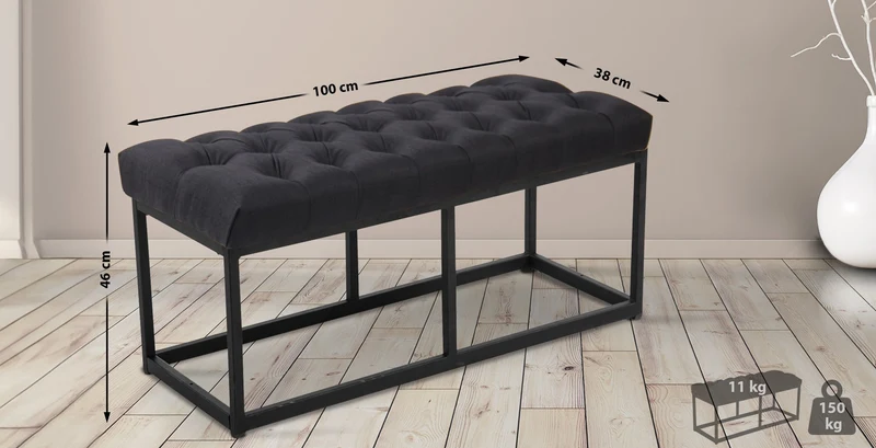 Banquette en tissu noir 100 x 50 cm coutures décoratives et métal noir mat avec assise rembourrée style moderne 10_0008825