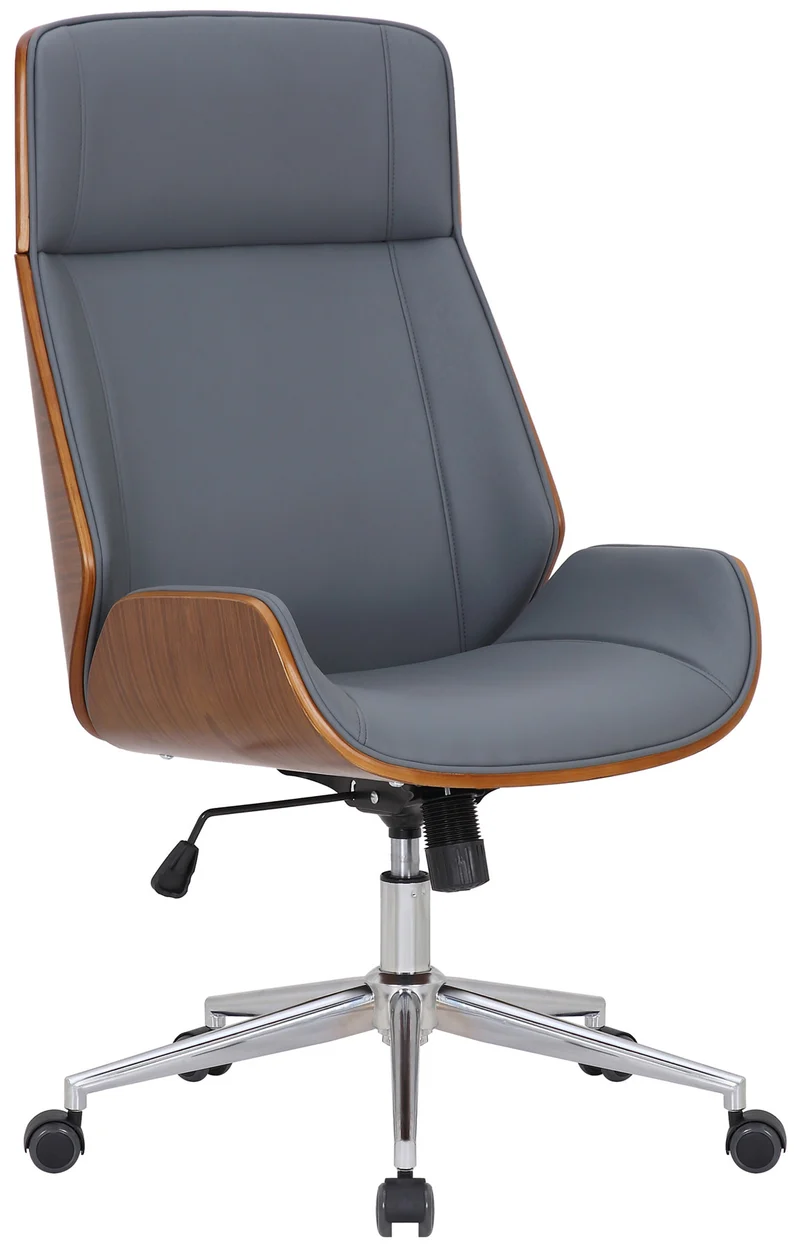 Chaise de bureau ergonomique sur roulettes en similicuir gris et bois avec piètement chromé 10_0007107