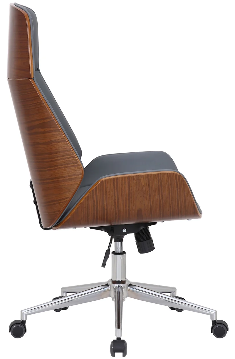 Chaise de bureau ergonomique sur roulettes en similicuir gris et bois avec piètement chromé 10_0007107