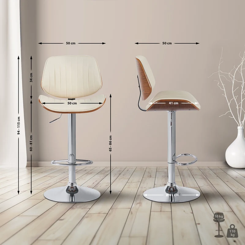 Lot de 2 tabourets de bar avec dossier en PVC crème structure en bois courbé et métal 10_0006822