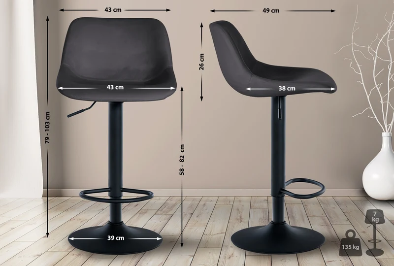Tabouret de bar x1 rotation à 360°en velours gris foncé pieds en trompette métal noir 10_0006799