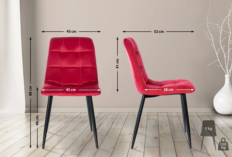 Lot de 4 chaises de salle à manger style moderne et confortable en tissu velours rouge et métal noir 10_0001784