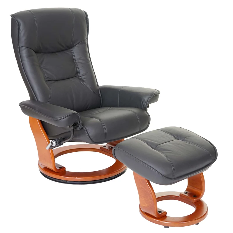 Fauteuil de relaxation TV avec repose-pieds cuir véritable noir pivotant inclinable 04_0003672