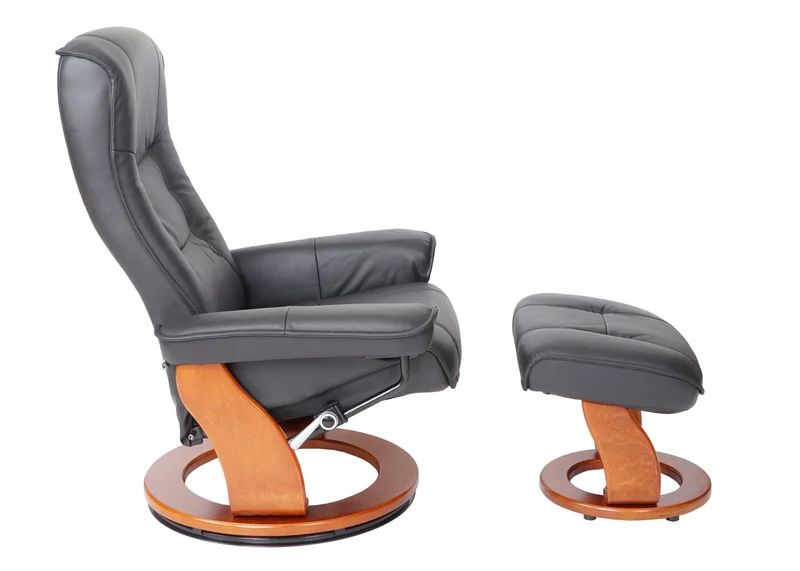 Fauteuil de relaxation TV avec repose-pieds cuir véritable noir pivotant inclinable 04_0003672