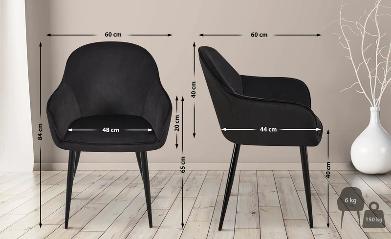 Set de 2 chaises de salle à manger dossier arrondis avec accoudoirs en velours noir 10_0001530
