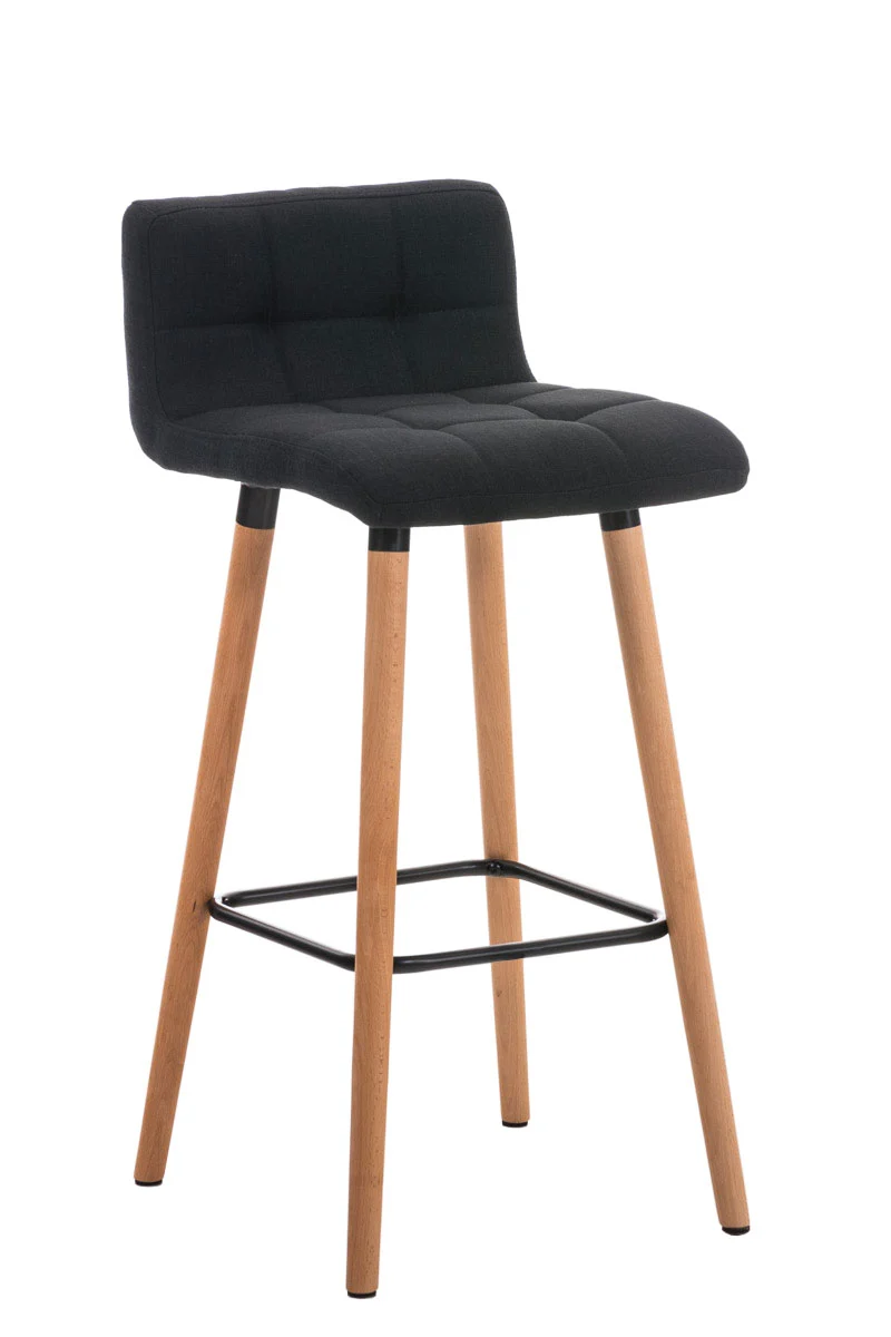 Tabouret de bar en tissu noir coutures décoratives pieds en bois avec repose-pieds 10_0000049