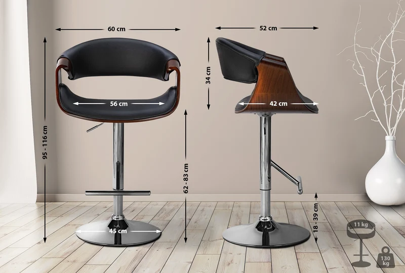 Tabouret de bar x1 style moderne rétro en PVC noir bois couleur noyer cadre en métal 10_0005869
