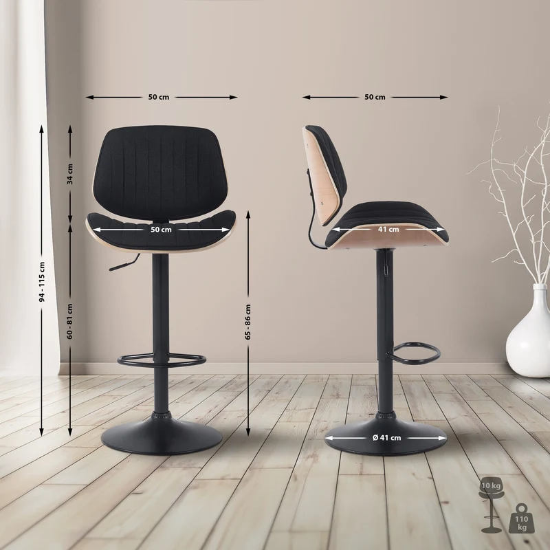 Tabouret de bar x1 style rétro moderne assise en tissu noir bois noyer et cadre métal noir 10_0006420