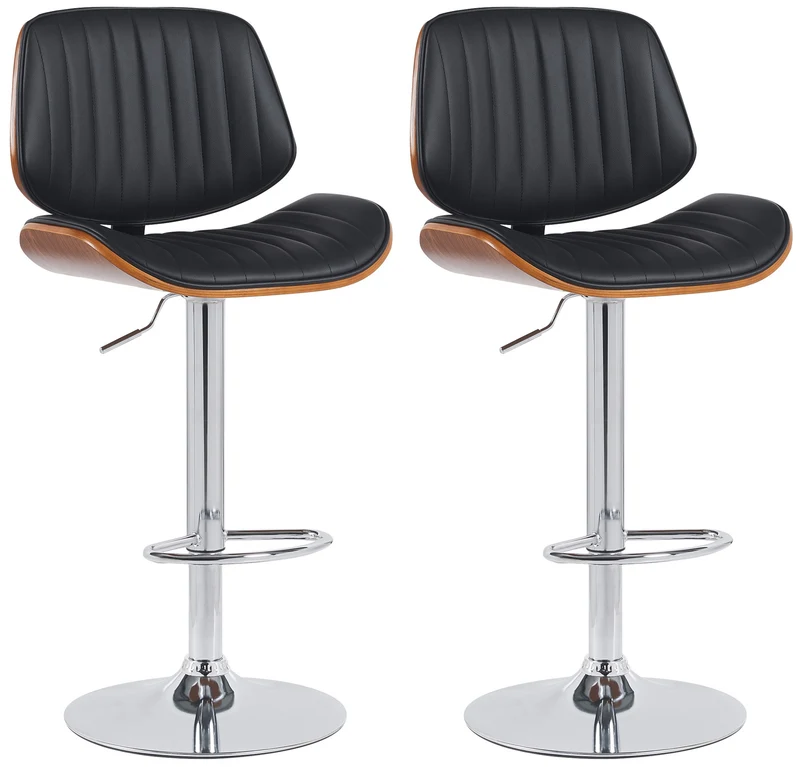 Lot de 2 tabourets de bar style rétro moderne assise en PVC noir bois noyer et cadre métal chromé 10_0006349