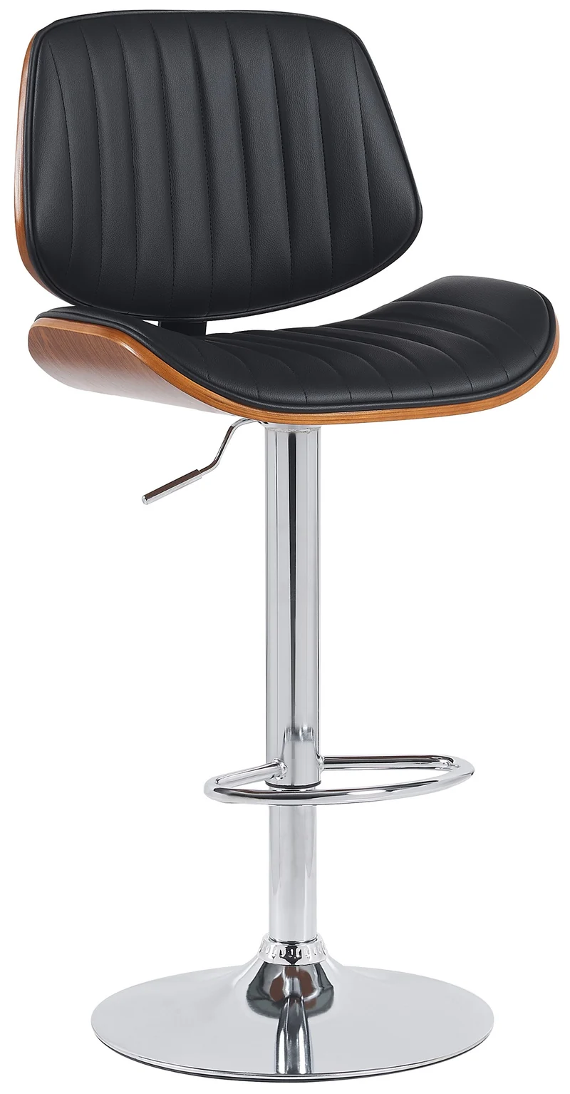 Tabouret de bar x1 style rétro moderne assise en similicuir noir bois noyer et cadre métal chromé 10_0005965