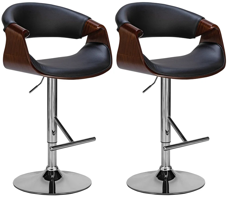 Lot de 2 tabourets de bar style moderne rétro en PVC noir bois couleur noyer cadre en métal 10_0006216