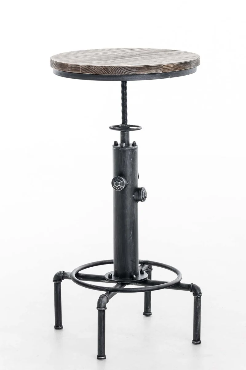 Table haute industrielle réglable en hauteur avec plateau rond en bois et structure en métal argenté 10_0009192