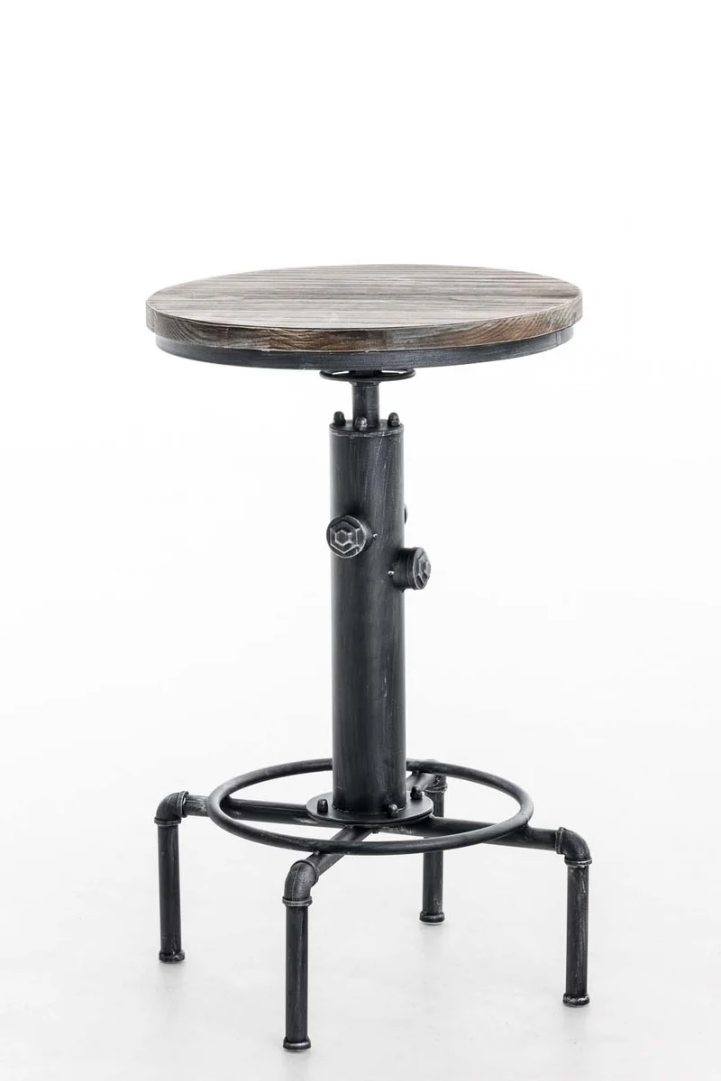 Table haute industrielle réglable en hauteur avec plateau rond en bois et structure en métal argenté 10_0009192