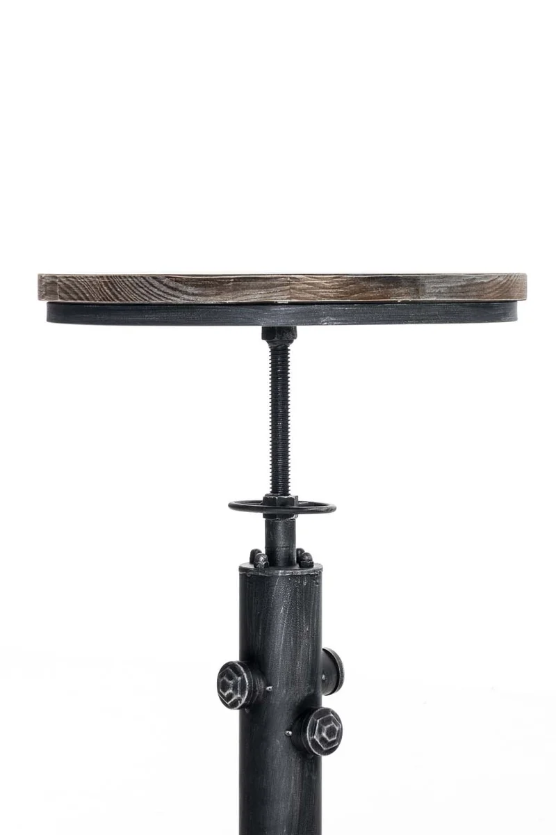 Table haute industrielle réglable en hauteur avec plateau rond en bois et structure en métal argenté 10_0009192