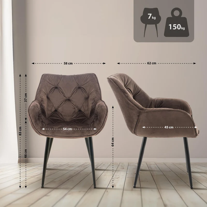 Lot de 4 chaises de salle à manger coutures décoratives en velours marron et pieds en métal noir 10_0007702