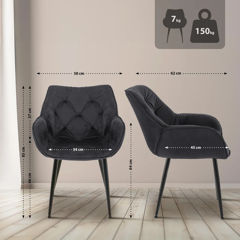 Lot de 4 chaises en velours et métal noir avec accoudoirs design élégant et confortable 10_0007592