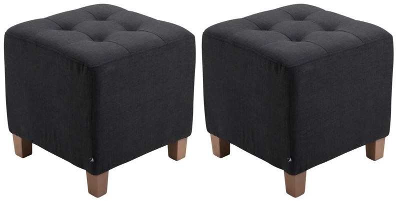 Lot de 2 tabourets bas pouf repose-pieds forme carré en tissu noir capitonné et bois style classique chic 10_0006669