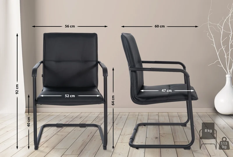 Chaise de bureau fauteuil visiteur avec accoudoirs en PVC noir et métal noir 10_0001922