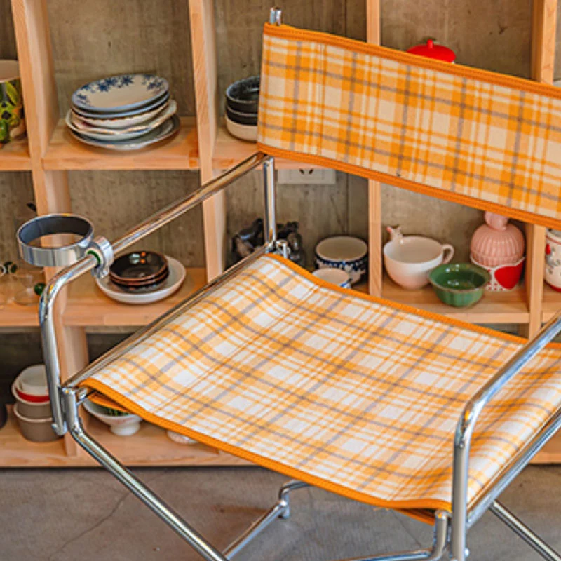 Art Deco Inspired Woven Folding Director’s Chair - Retro Plaid Fabric Portable Accent Chair For Outdoor Patio
