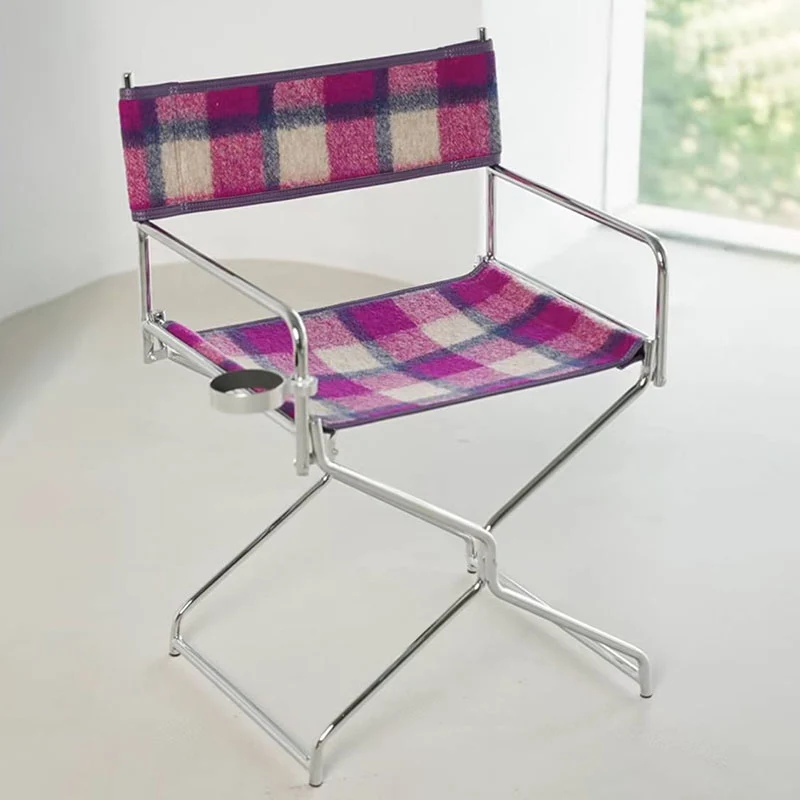 Art Deco Inspired Woven Folding Director’s Chair - Retro Plaid Fabric Portable Accent Chair For Outdoor Patio