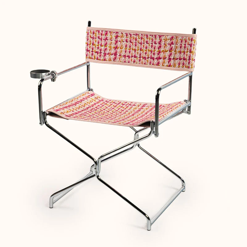 Art Deco Inspired Woven Folding Director’s Chair - Retro Plaid Fabric Portable Accent Chair For Outdoor Patio