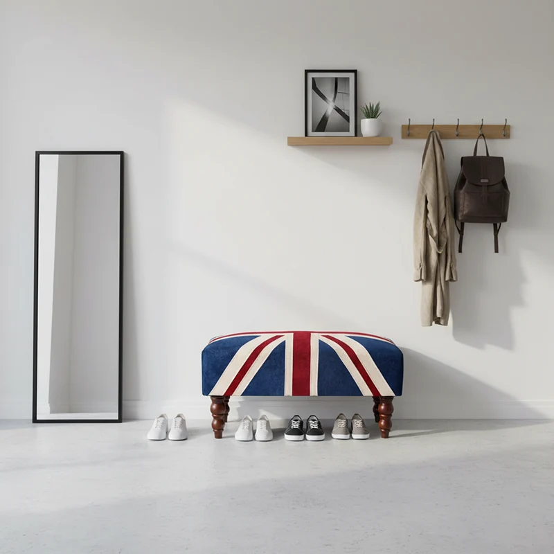 Traditional Vintage Union Jack Turned Wooden Legs Solid Wood Velvet Bench For Entryway