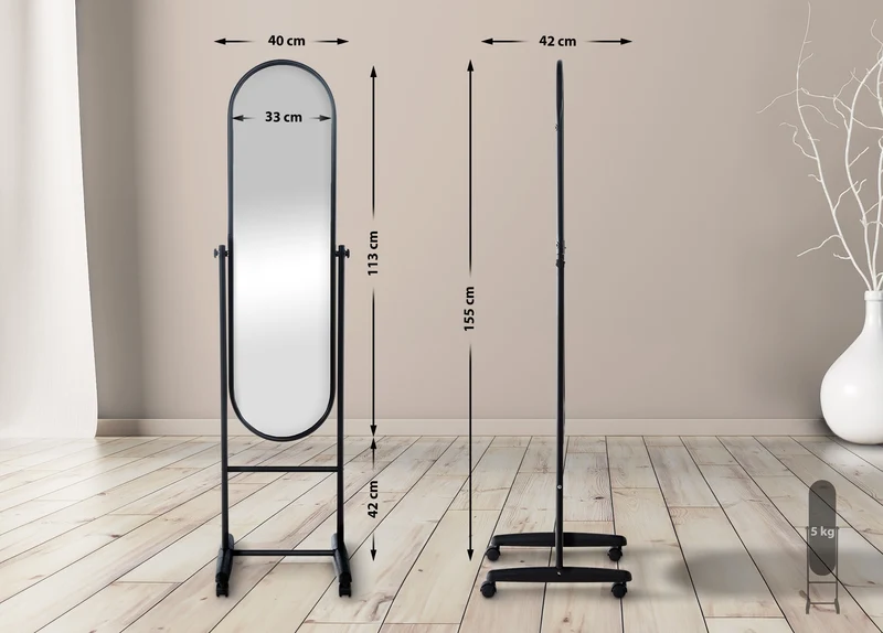 Miroir sur pied ovale en métal noir avec roulettes 155 cm style moderne 10_0003723