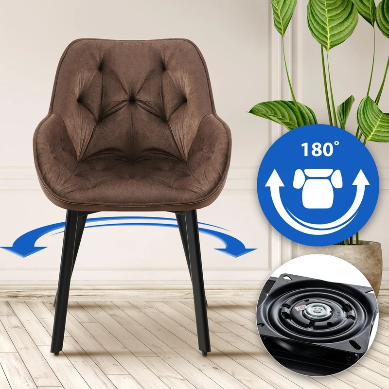Chaise de salle à manger x1 assise pivotante en velours marron motif matelassé cadre métal 10_0007183