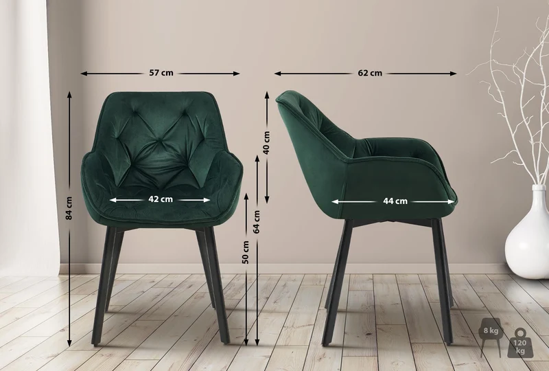 Chaise de salle à manger x1 assise pivotante en velours vert motif matelassé cadre métal 10_0007182
