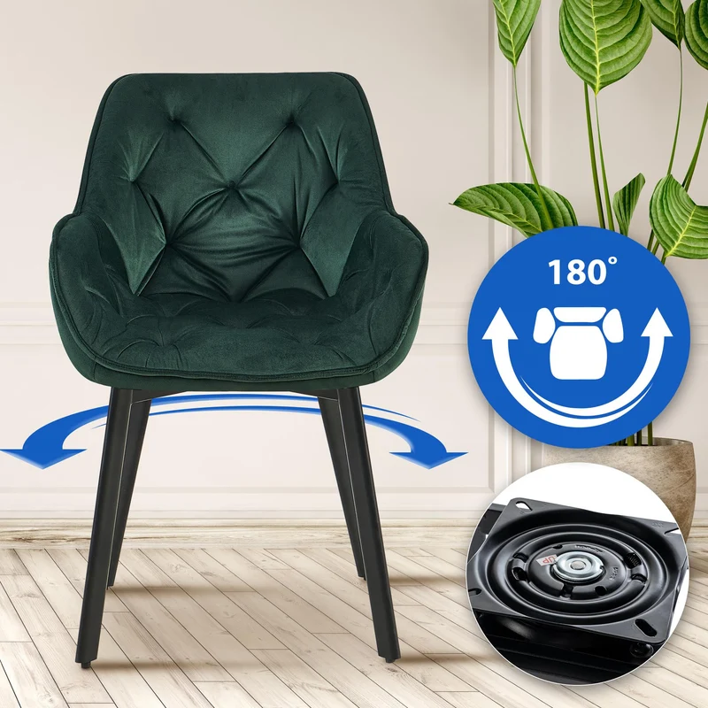 Chaise de salle à manger x1 assise pivotante en velours vert motif matelassé cadre métal 10_0007182