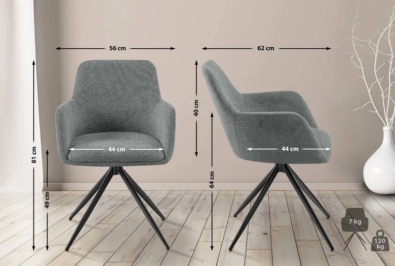 Chaise de salle à manger x1 pivotante rembourrée avec accoudoirs en tissu gris cadre métal 10_0007171