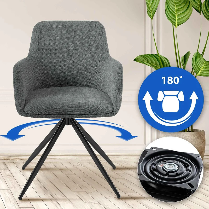 Chaise de salle à manger x1 pivotante rembourrée avec accoudoirs en tissu gris cadre métal 10_0007171