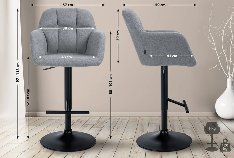 Tabouret de bar chaise haute x1 fonction rotation 360° en tissu gris avec coutures décoratives piètement métal noir 10_0005280