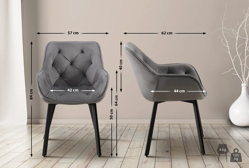 Lot de 2 chaises de salle à manger assise pivotante en velours gris foncé motif matelassé cadre métal 10_0007631
