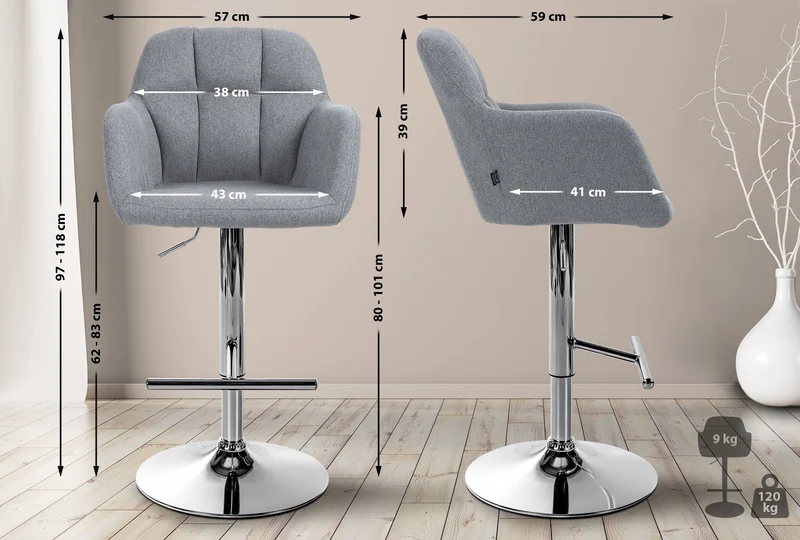 Tabouret de bar chaise haute x1 fonction rotation 360° en tissu gris avec coutures décoratives piètement métal chromé 10_0005275