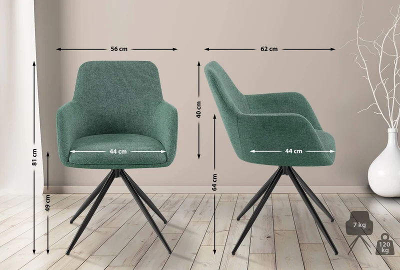 Chaise de salle à manger x1 pivotante rembourrée avec accoudoirs en tissu vert cadre métal 10_0007172